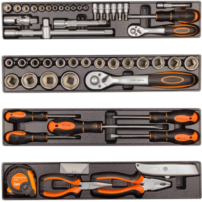 Cutie 285 Piese si  Scule Compartimentata cu 4 sertare Pliabile Negru / Portocaliu