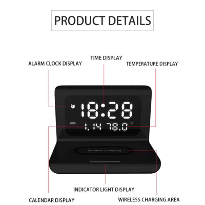 Ceas cu afisaj digital si alarma cu statie de incarcat wireless si incarcare rapida.