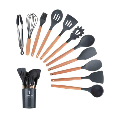 Set 12 ustensile de bucatarie Lemn/Silicon Negru
