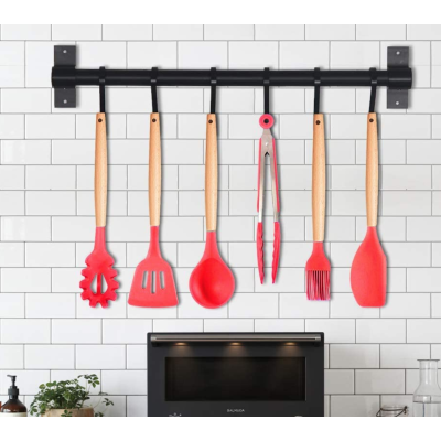 Set 12 ustensile de bucatarie Lemn/Silicon Rosu