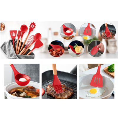Set 12 ustensile de bucatarie Lemn/Silicon Rosu
