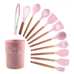Set 12 ustensile de bucatarie Lemn/Silicon Roz