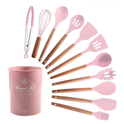 Set 12 ustensile de bucatarie Lemn/Silicon Roz