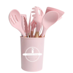 Set 12 ustensile de bucatarie Lemn/Silicon Roz