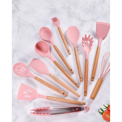 Set 12 ustensile de bucatarie Lemn/Silicon Roz