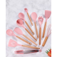 Set 12 ustensile de bucatarie Lemn/Silicon Roz