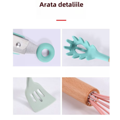 Set 12 ustensile de bucatarie Lemn/Silicon Roz