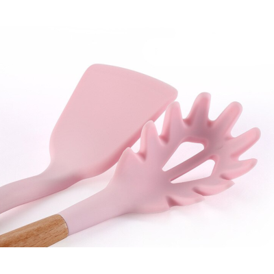 Set 12 ustensile de bucatarie Lemn/Silicon Roz